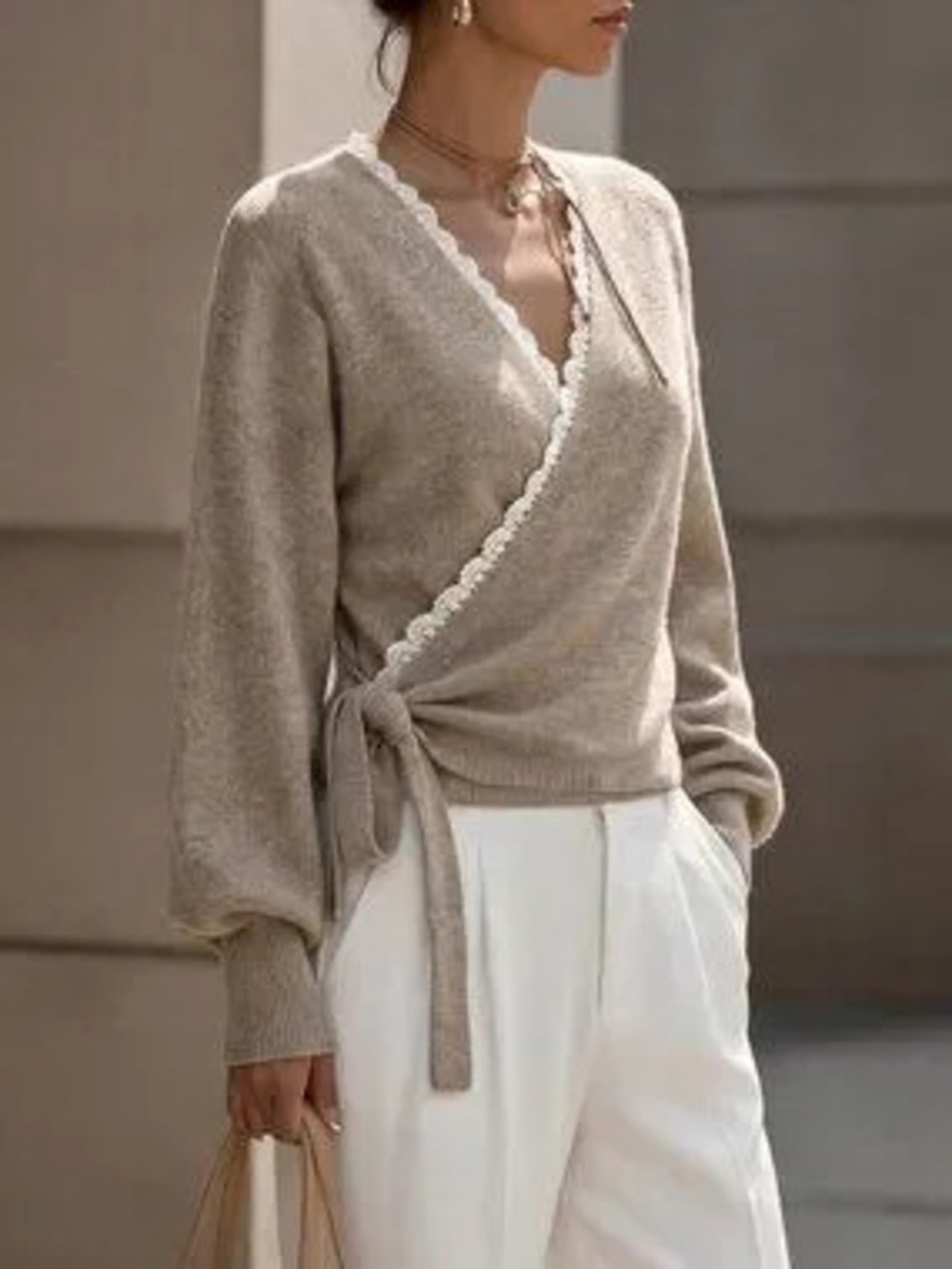 Khaki Casual Women's Elegant Wrap-Style Cropped Sweater With Criss-Cross V-Neck
